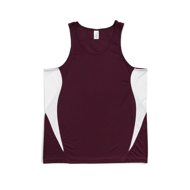 A maroon men's singlet with white side panels and a logo on the label. A maroon men's singlet with white side panels and a logo on the label.