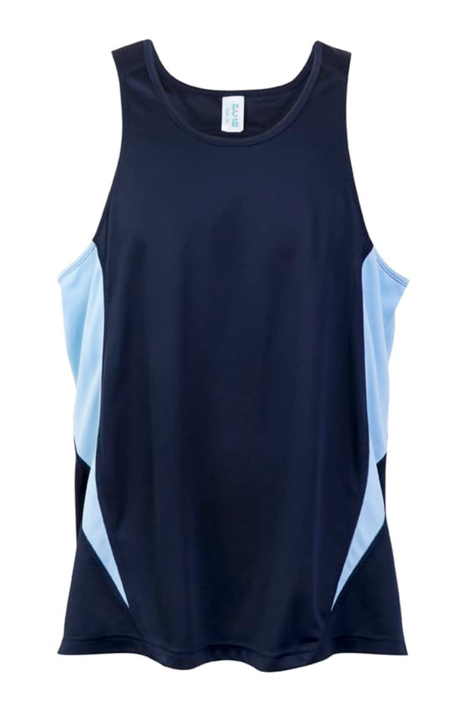 A navy and light blue men's singlet made from cool dry fabric, featuring a logo on the front. A navy and light blue men's singlet made from cool dry fabric, featuring a logo on the front.