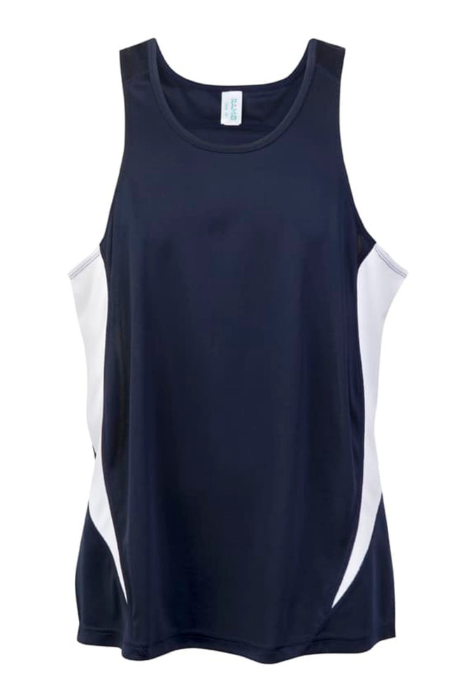 A navy blue singlet with white side panels, featuring a logo on the chest area.