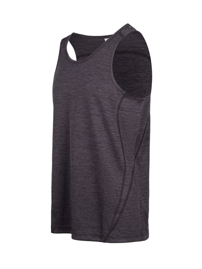 A grey men's singlet made of 100% polyester, featuring a modern cut and shoulder detailing. It has a branding logo. A grey men's singlet made of 100% polyester, featuring a modern cut and shoulder detailing. It has a branding logo.
