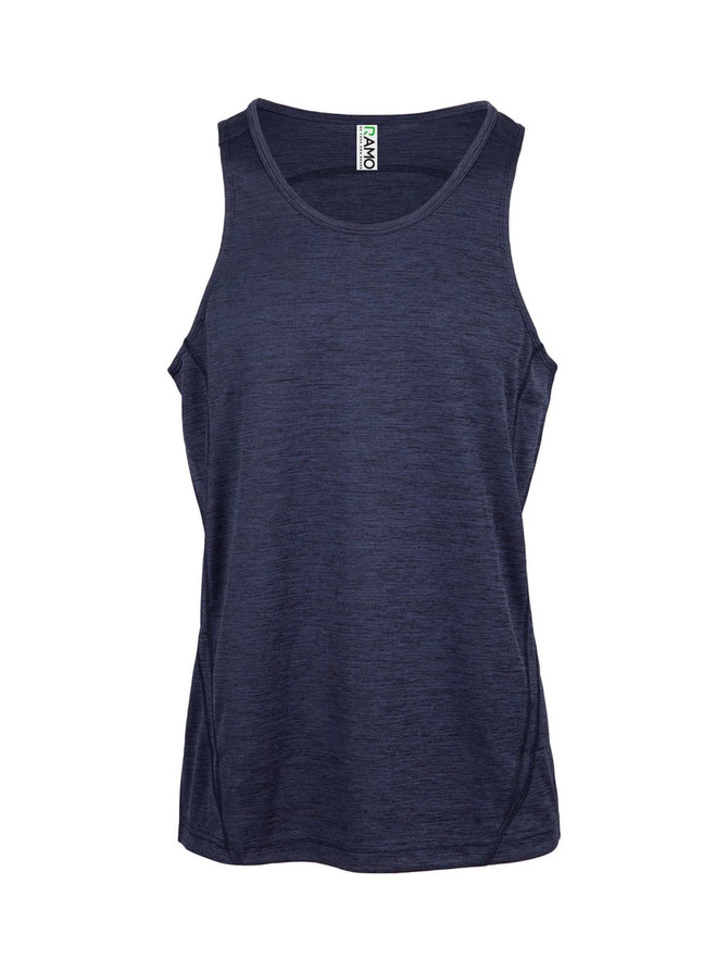 A men's singlet in navy blue, made from 100% polyester, featuring a branding logo.