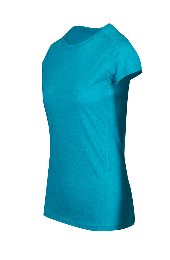 A women's athletic T-shirt in teal, featuring a fitted design and short sleeves. It includes a logo. A women's athletic T-shirt in teal, featuring a fitted design and short sleeves. It includes a logo.