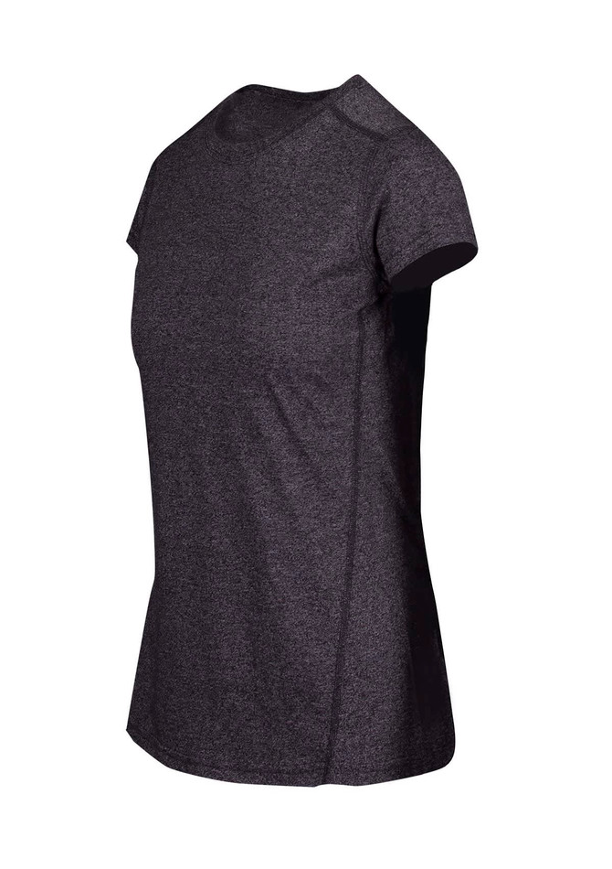 A women's athletic t-shirt in dark grey with short sleeves, featuring a branded logo.