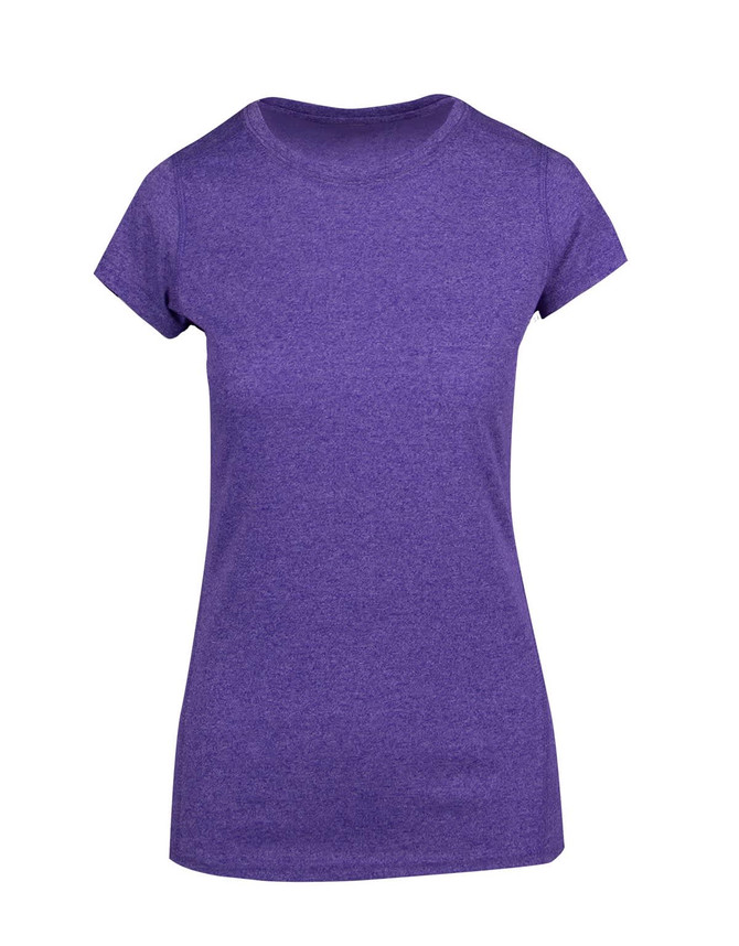 A purple women's athletic T-shirt with short sleeves and a fitted design, featuring a logo.