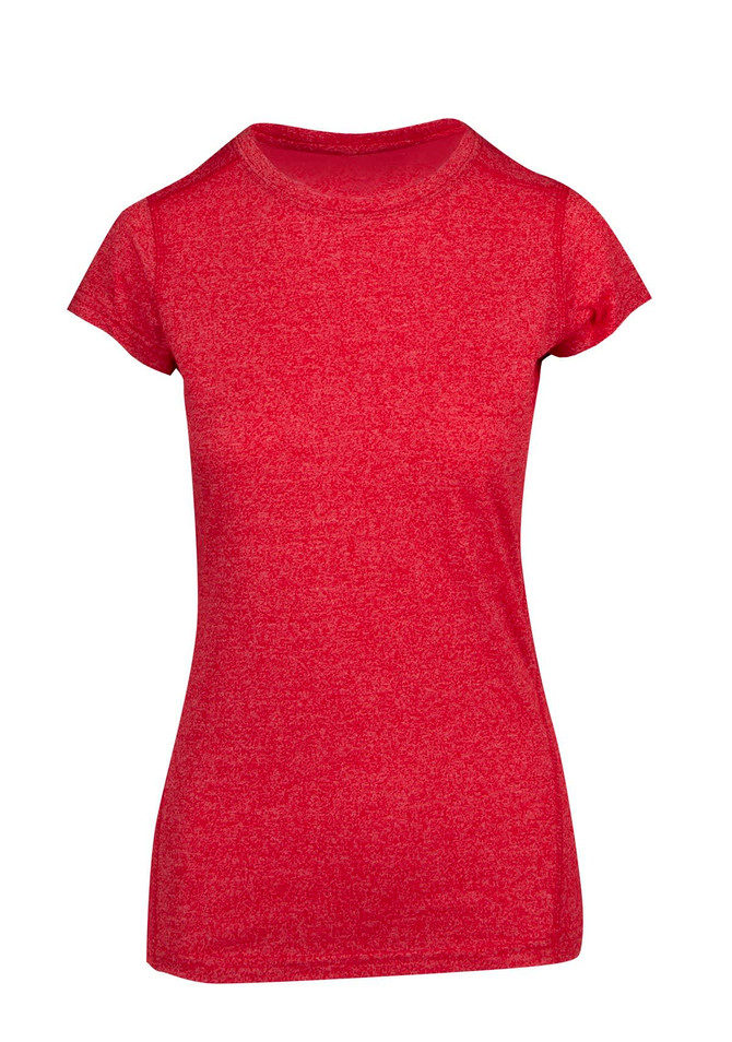 A red athletic T-shirt with a fitted design and short sleeves, featuring a logo.