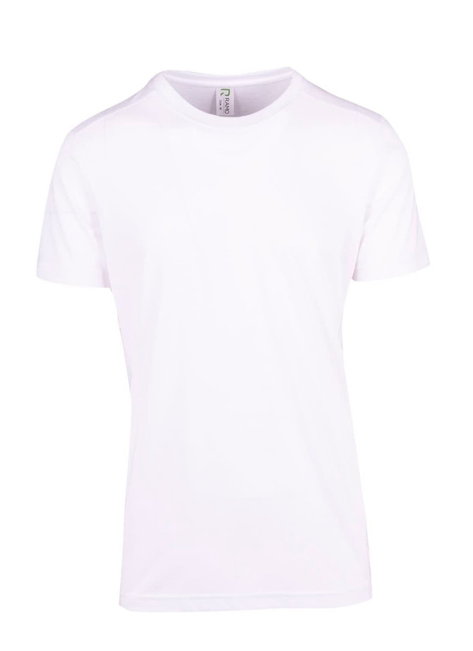 A plain white t-shirt with a crew neckline and short sleeves, featuring a branded label.