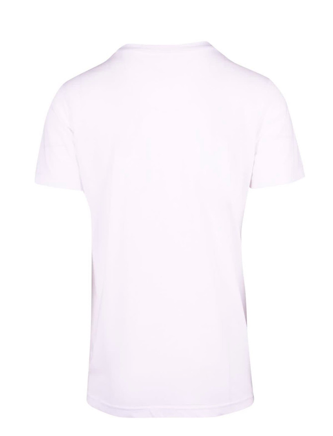A plain white unisex t-shirt with short sleeves and a simple design at the back. Features a logo.