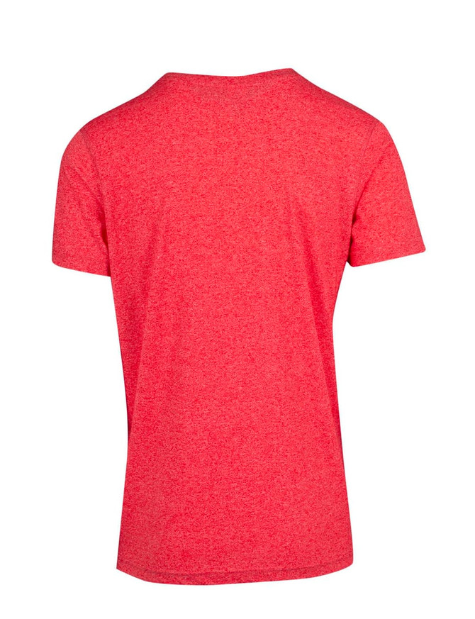 A red heather T-shirt with a regular fit, featuring short sleeves and a simple design on the back.