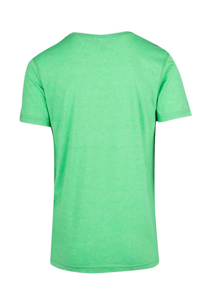 A green heather T-shirt with short sleeves and a rounded neckline. It has a logo on the back.