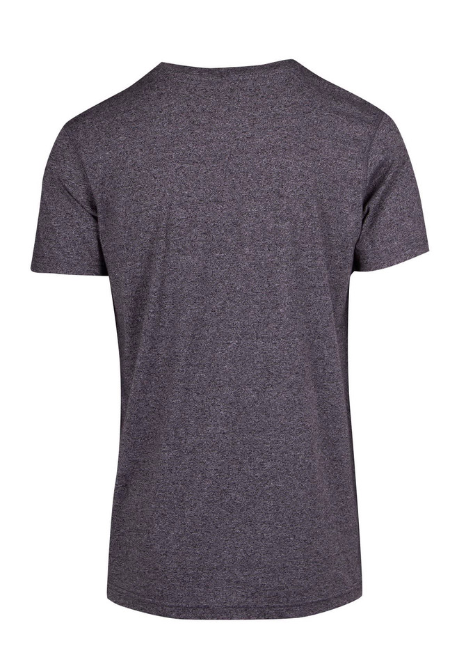 A heather dark grey t-shirt with a plain back, featuring a logo on the upper back.