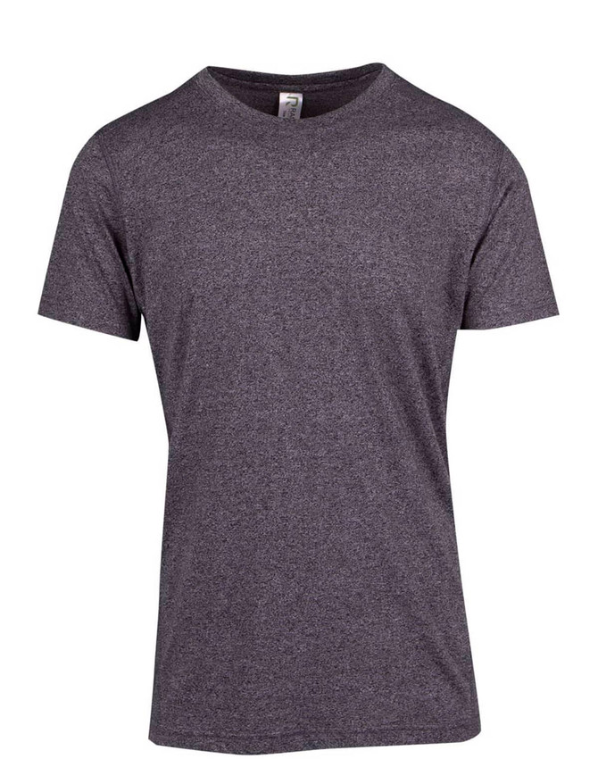 A grey heather t-shirt for men and unisex, featuring a simple design and a logo on the label.