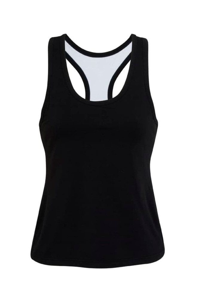 A black women's singlet featuring a racerback design and a contrasting inner layer, with a logo present.