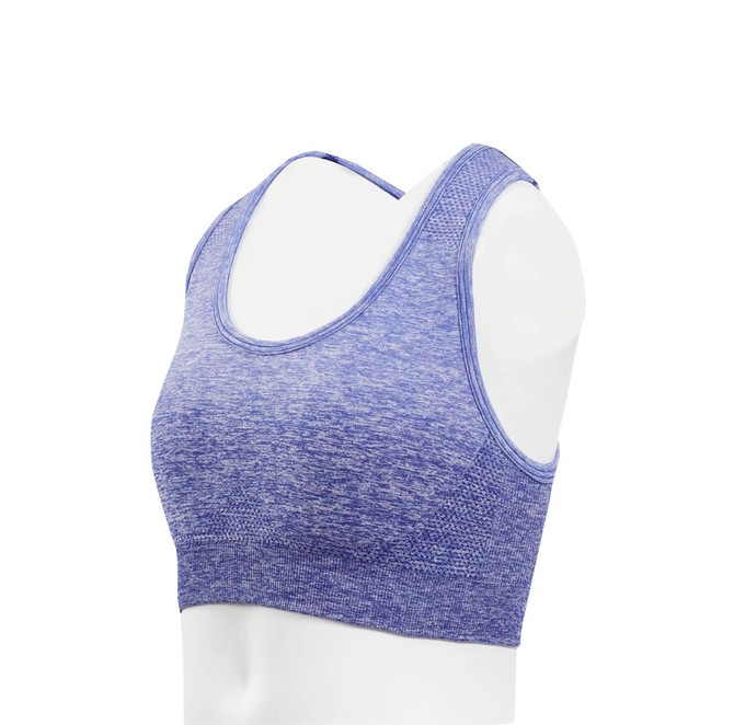 A seamless crop top in a textured purple fabric, displayed on a mannequin without any logos or branding.