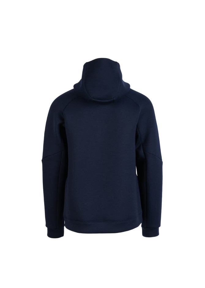 A navy blue men's hoodie featuring a high neck and a hood at the back, with raglan sleeves and a simple design.