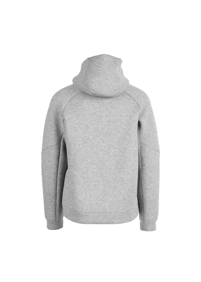 A grey men's hoodie featuring a spacious hood and raglan sleeves, with a logo on the back. A grey men's hoodie featuring a spacious hood and raglan sleeves, with a logo on the back.