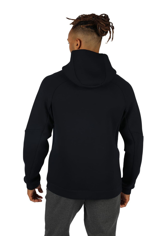 A black men's hoodie with a spacious hood, featuring a simple design and a logo on the back.