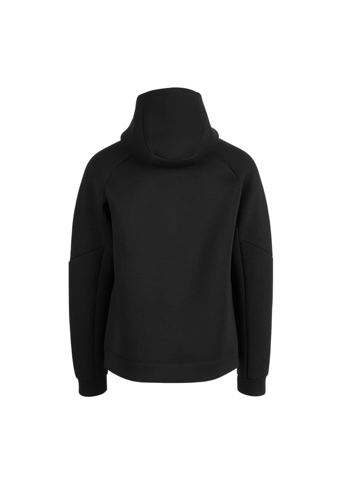 A black hoodie featuring a snug fit and a spacious hood, with a comfortable design and a branding logo.