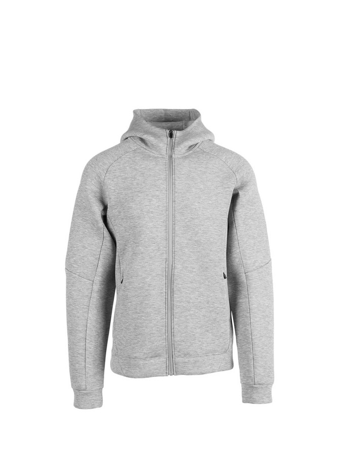 A grey men's hoodie with a zip front and a hood, featuring side pockets and a logo.