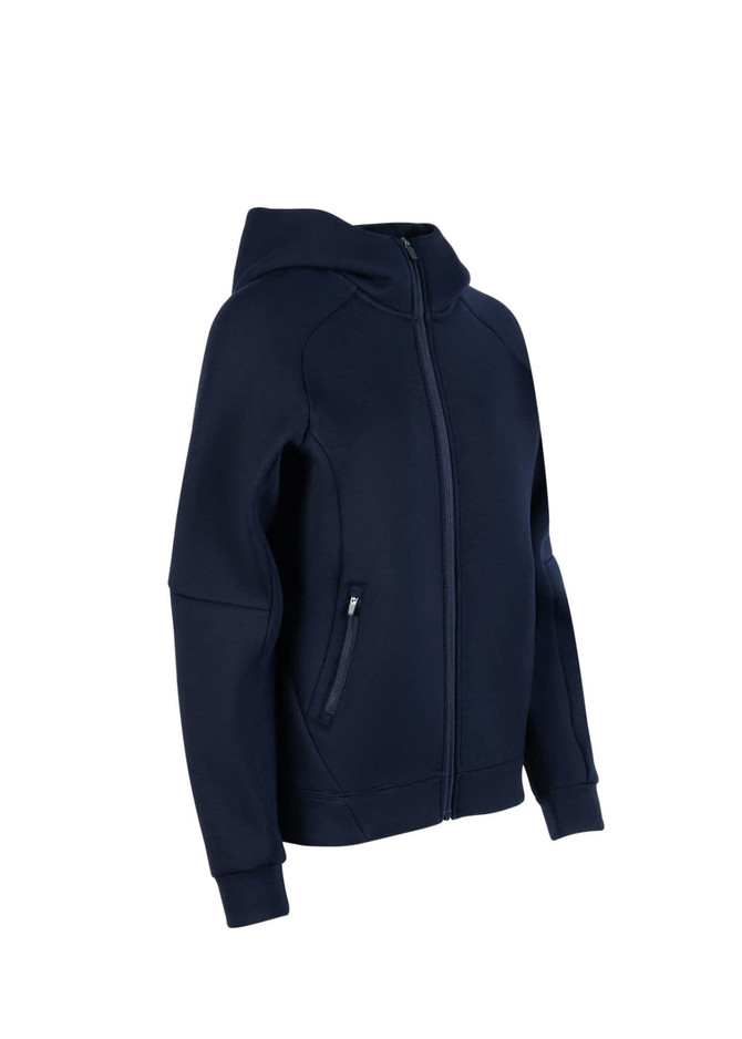 A navy blue women's/junior hoodie with a zip front and pockets. It features a hood and a fitted design.
