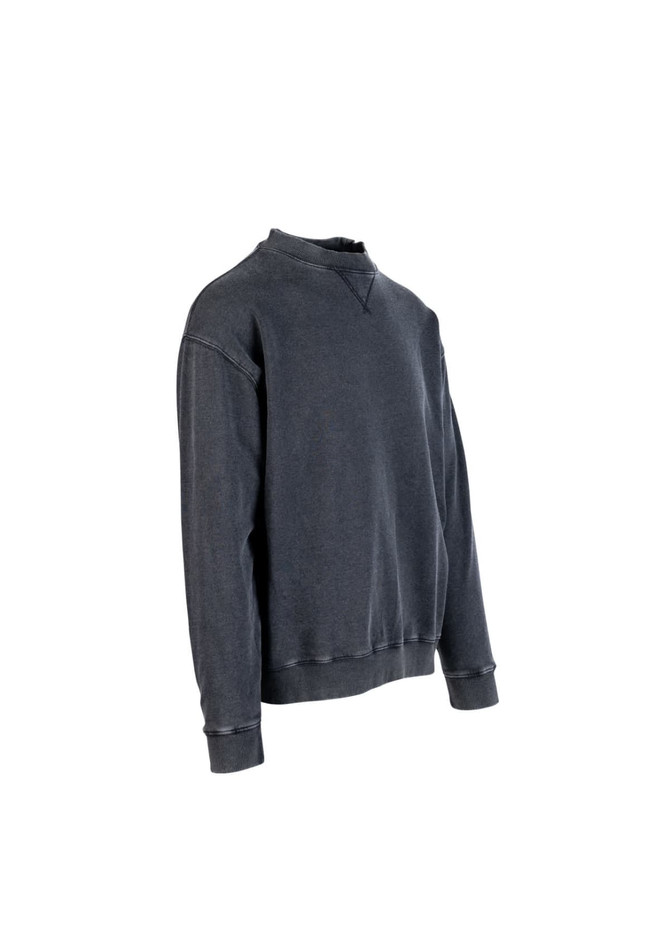 A unisex stone wash sweatshirt in a dark grey colour with a relaxed fit and a logo on the front. A unisex stone wash sweatshirt in a dark grey colour with a relaxed fit and a logo on the front.