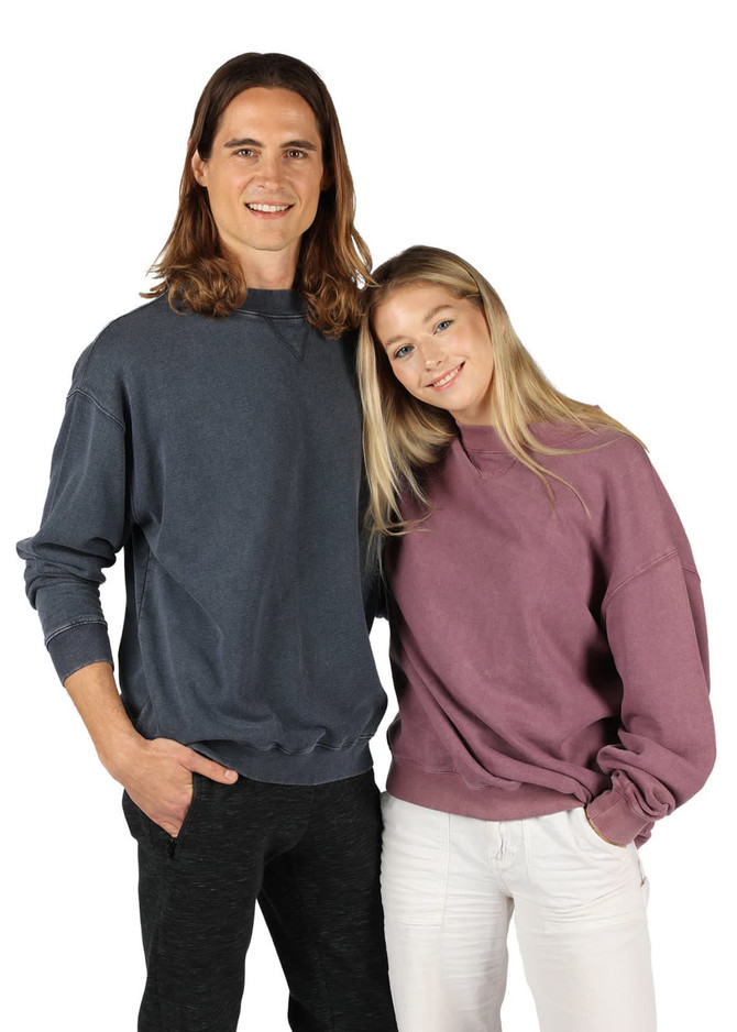 Unisex stone wash sweatshirts in dark grey and mauve, featuring relaxed fits and a logo.