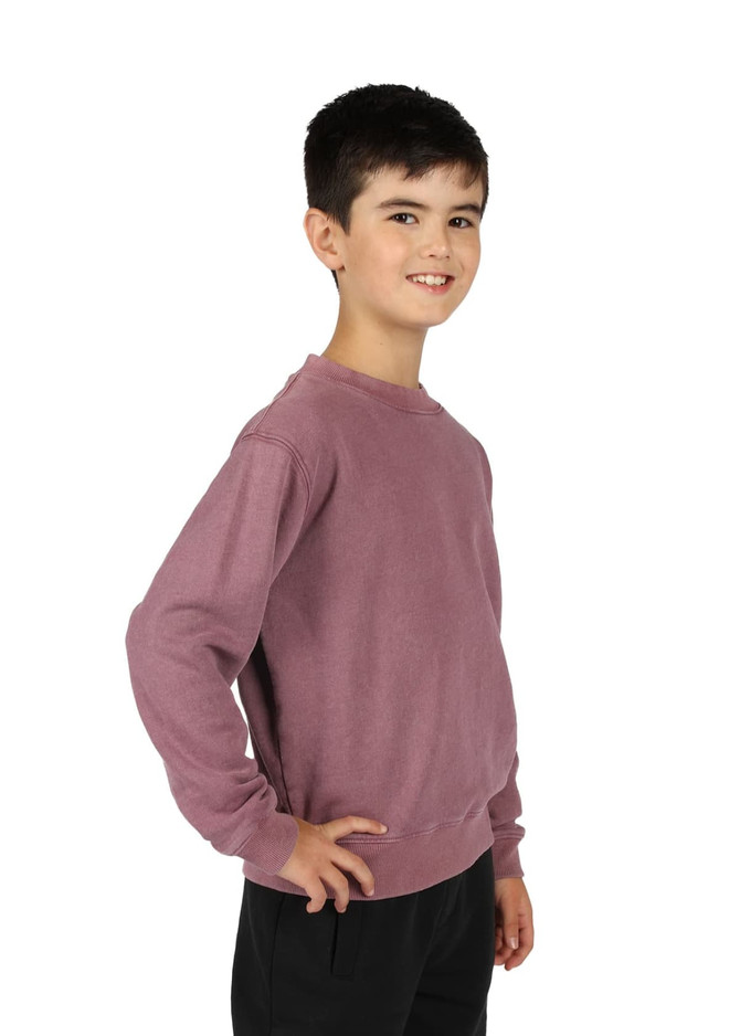 A unisex stone wash sweatshirt in a muted purple colour, displayed on a young boy standing sideways with a smile. A unisex stone wash sweatshirt in a muted purple colour, displayed on a young boy standing sideways with a smile.