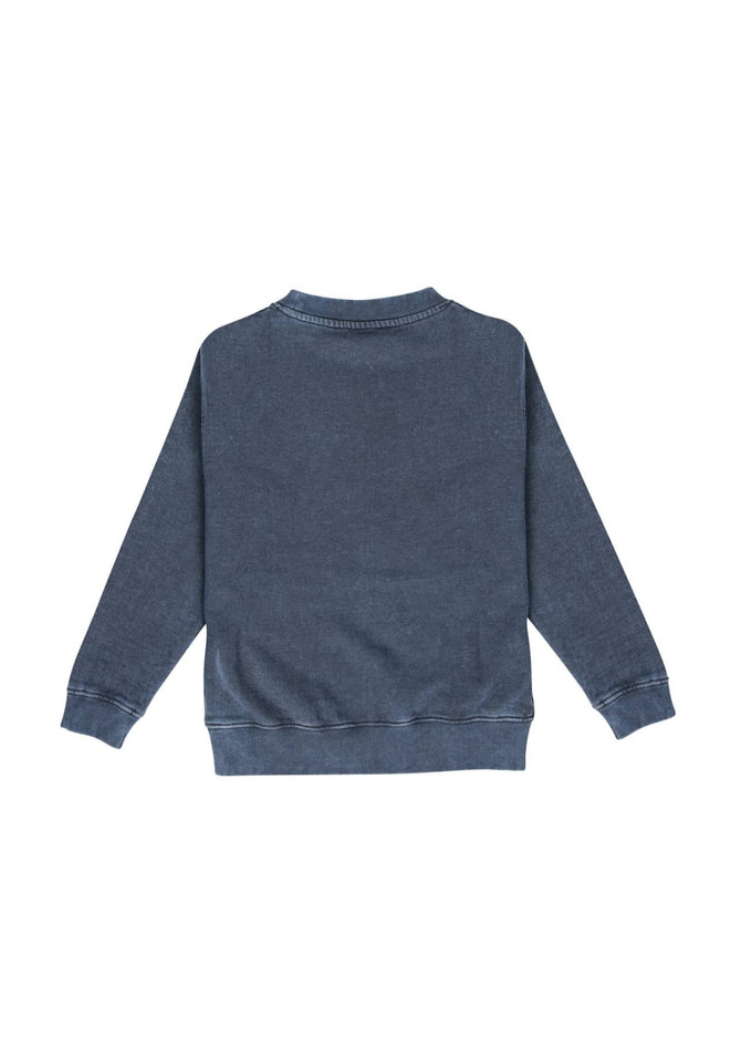 A stone wash sweatshirt in a blue hue, featuring long sleeves and a crew neckline, with a branding logo.