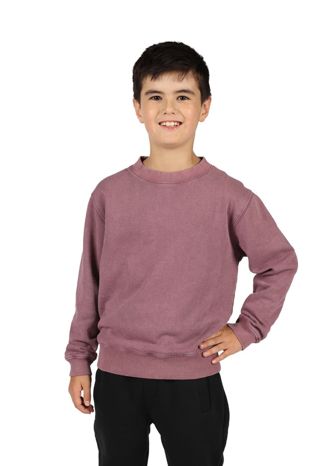 A boy wearing a mauve stone wash sweatshirt with long sleeves, standing with one hand on his hip.