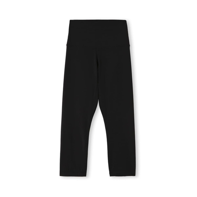 A pair of black women's high-rise 3/4 leggings with a wide waistband. The leggings have a smooth finish and no visible details.