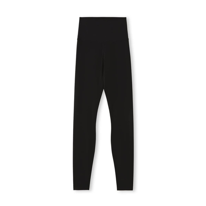 A pair of women’s high rise full-length leggings in black, featuring a wide waistband and a sleek design. A pair of women’s high rise full-length leggings in black, featuring a wide waistband and a sleek design.