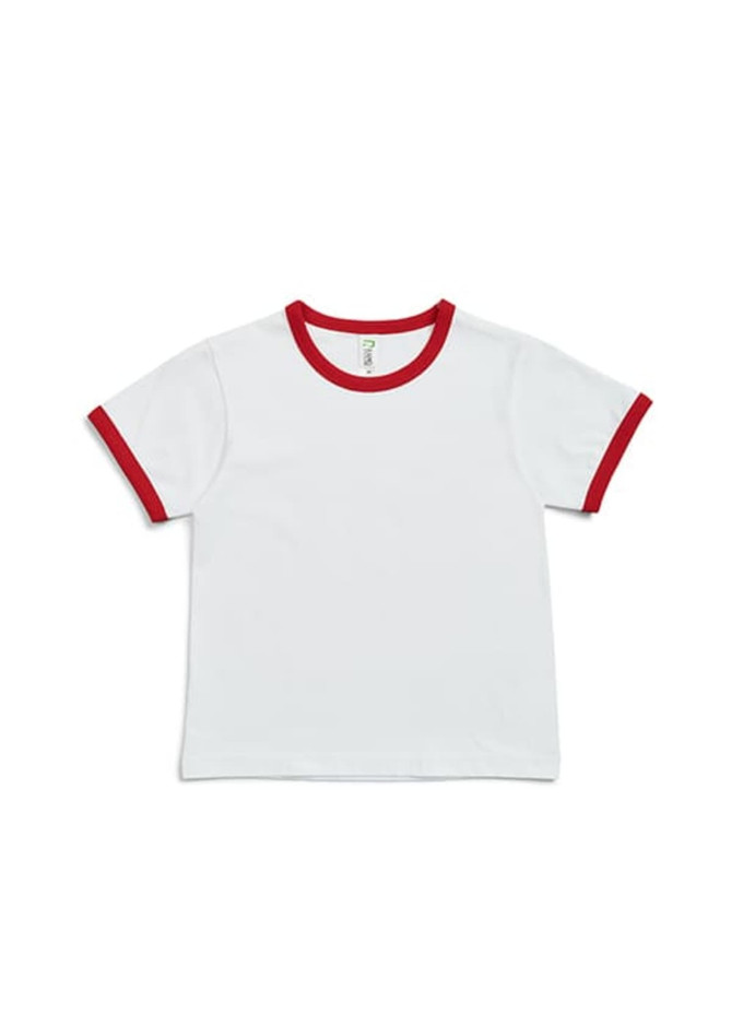 A white children's T-shirt with red ringer details on the collar and sleeves, featuring a logo. A white children's T-shirt with red ringer details on the collar and sleeves, featuring a logo.