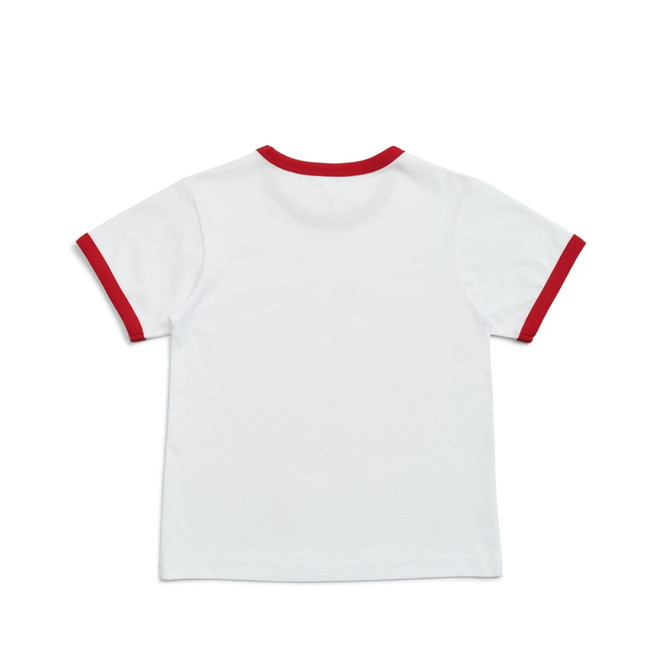 A white kids' ringer tee with red trim on the neckline and sleeves, featuring a logo on the back. A white kids' ringer tee with red trim on the neckline and sleeves, featuring a logo on the back.