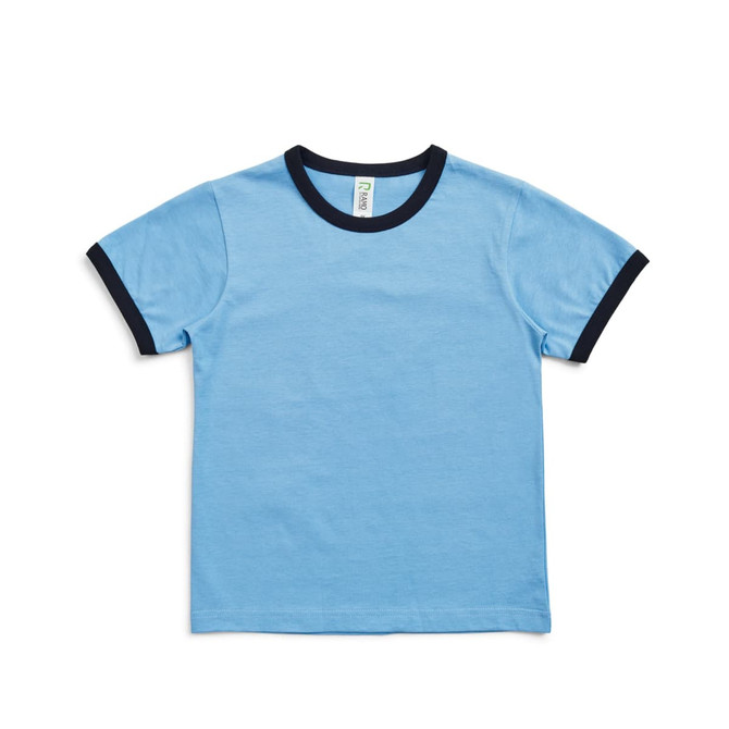 A light blue kids' ringer tee with navy blue trim around the collar and sleeves. It has a label inside. A light blue kids' ringer tee with navy blue trim around the collar and sleeves. It has a label inside.