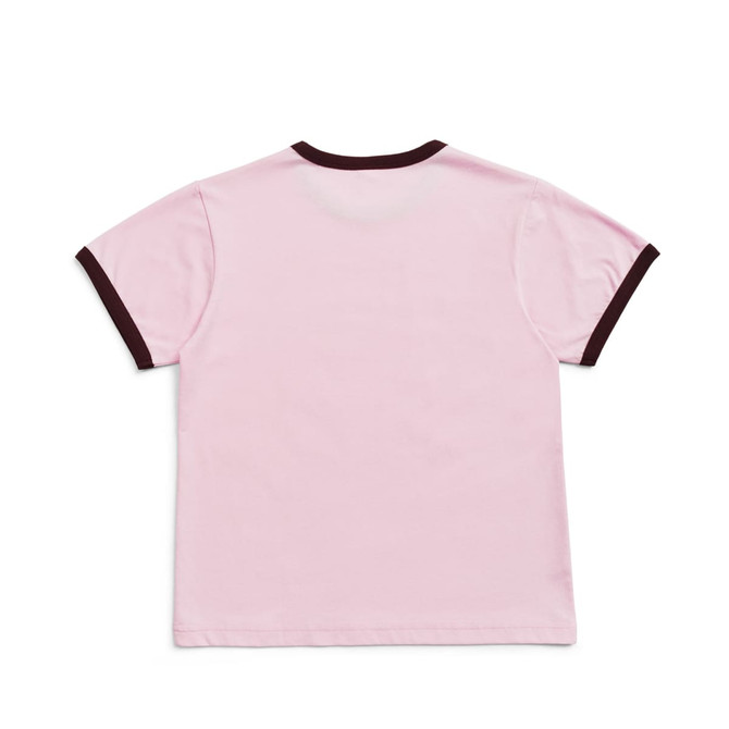 A pink kids' ringer tee featuring a contrasting dark brown trim. The back view is shown. A pink kids' ringer tee featuring a contrasting dark brown trim. The back view is shown.