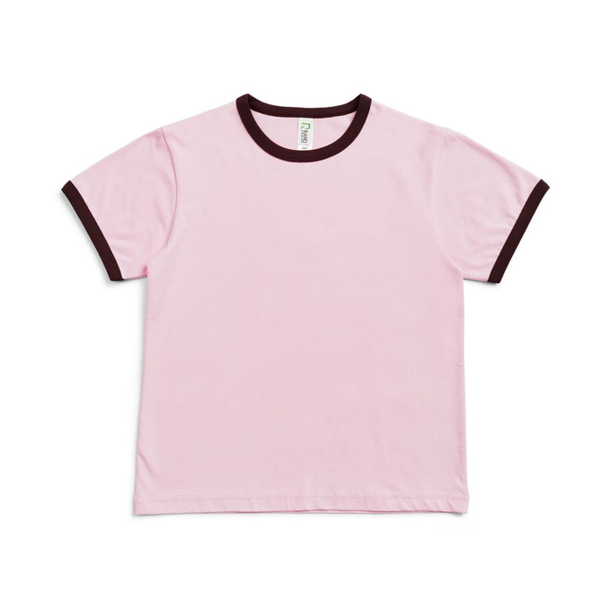 A pink kids' ringer tee with brown trim around the neck and sleeves. It features a logo on the label. A pink kids' ringer tee with brown trim around the neck and sleeves. It features a logo on the label.