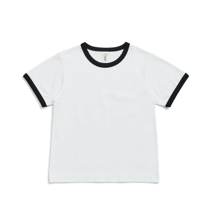 A white kids' ringer tee with black contrast trim around the neckline and sleeves. It features a small logo. A white kids' ringer tee with black contrast trim around the neckline and sleeves. It features a small logo.
