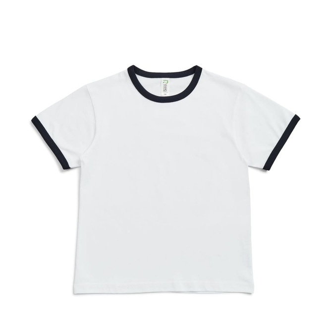 A white kids' ringer tee with navy blue sleeves and neckline. It features a small logo on the label. A white kids' ringer tee with navy blue sleeves and neckline. It features a small logo on the label.