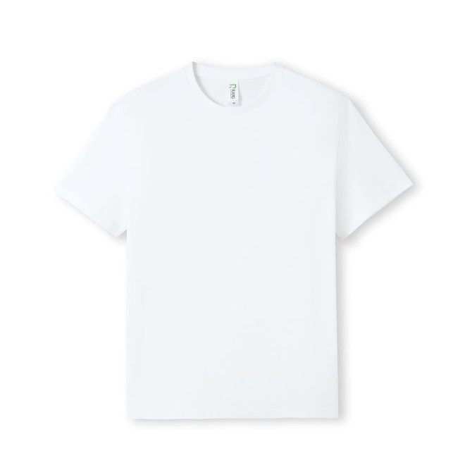 A white t-shirt with short sleeves and a simple design, featuring a logo on the label.