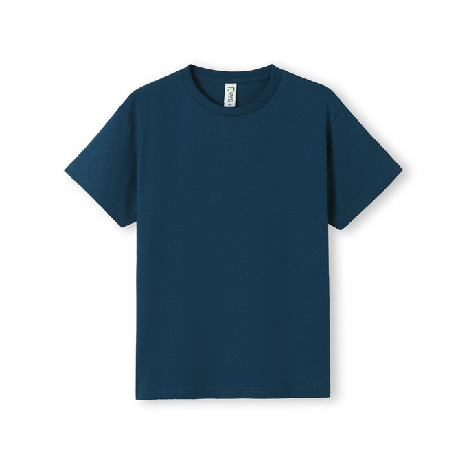 A navy blue t-shirt with short sleeves and a simple design. It features a label and has a plain look.