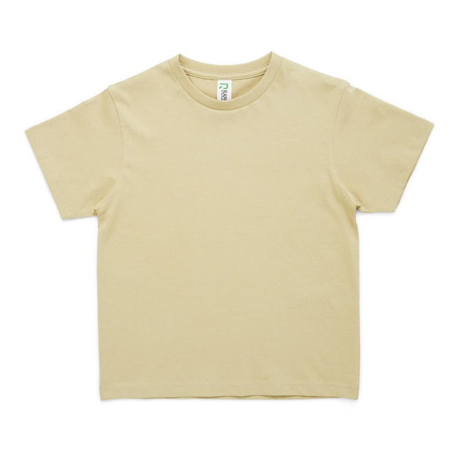 A light khaki children's T-shirt with short sleeves and a round neckline. The shirt has a branded tag inside.