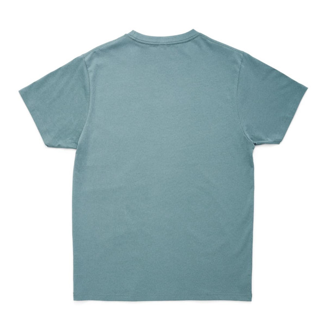 A unisex earth care T-shirt in a muted green tone with a plain back and short sleeves.