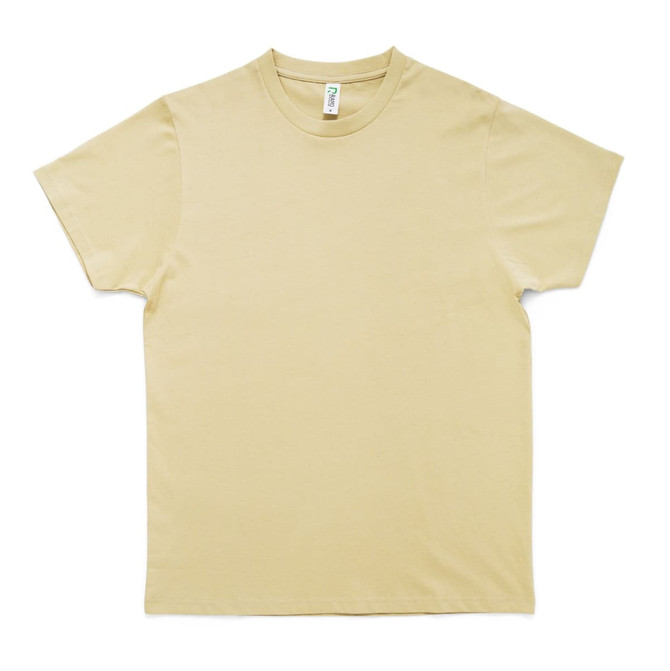 A beige Earth Care T-shirt with short sleeves and a crew neckline, featuring a logo.