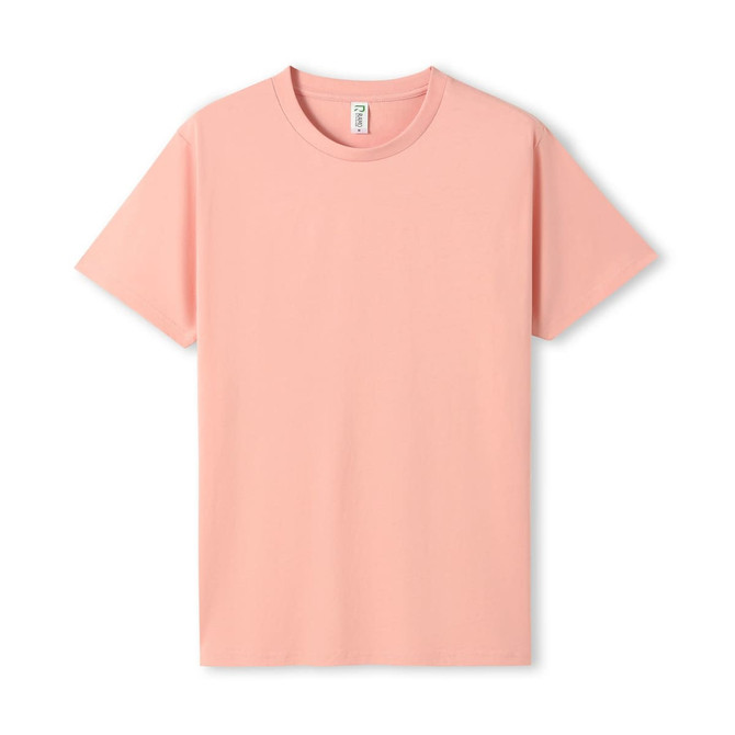 A light pink unisex T-shirt with short sleeves and a round neckline. It features a logo on the label. A light pink unisex T-shirt with short sleeves and a round neckline. It features a logo on the label.