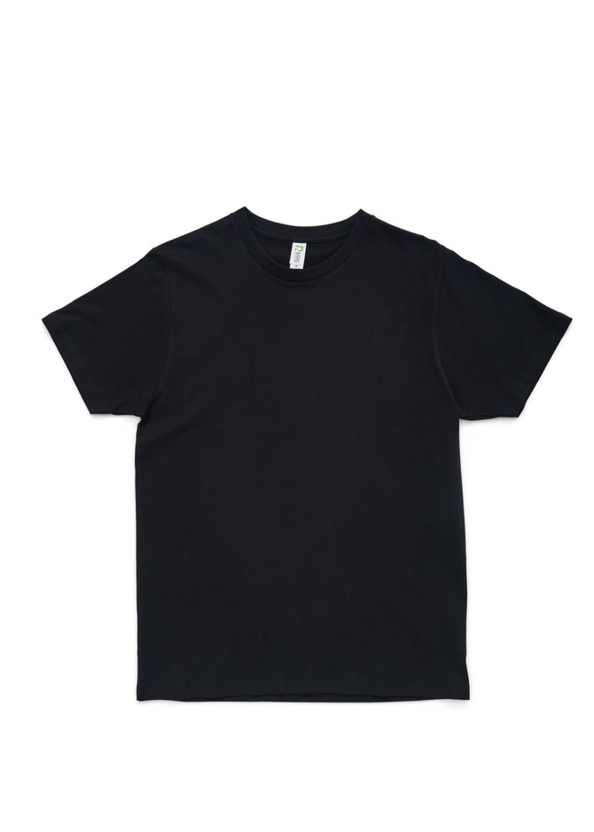A plain black unisex T-shirt featuring a round neckline and short sleeves, with a logo on the label.