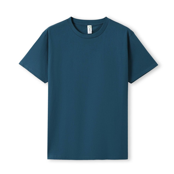 A teal unisex T-shirt with a crew neckline and short sleeves, featuring a branding label. A teal unisex T-shirt with a crew neckline and short sleeves, featuring a branding label.