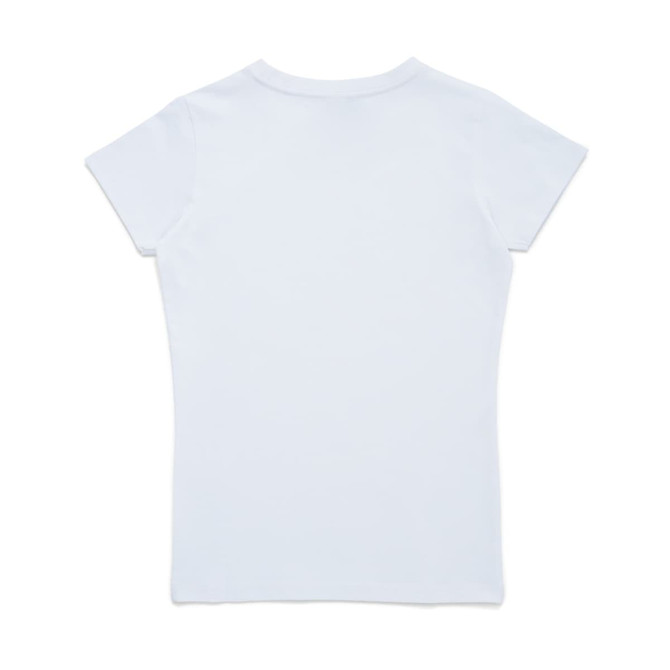 A light blue women's T-shirt with a fitted design and a logo on the back.