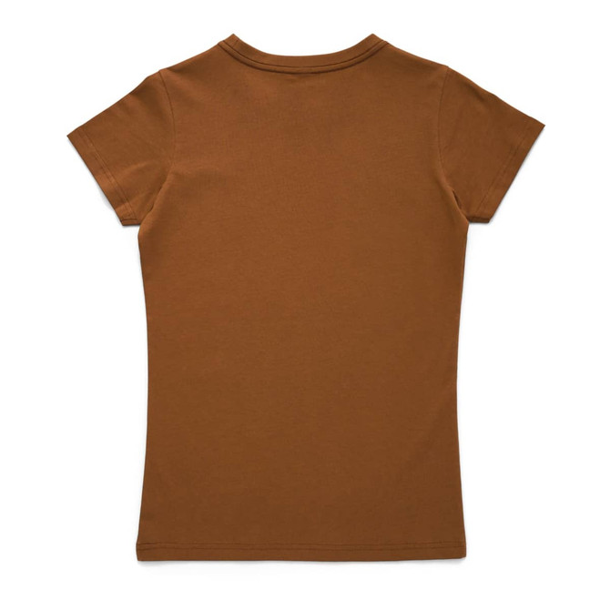 A brown women's T-shirt with a fitted design and short sleeves, featuring a logo on the back.