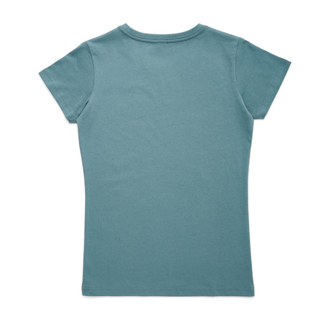 A teal women's T-shirt with a fitted design and short sleeves, featuring branding on the back. A teal women's T-shirt with a fitted design and short sleeves, featuring branding on the back.
