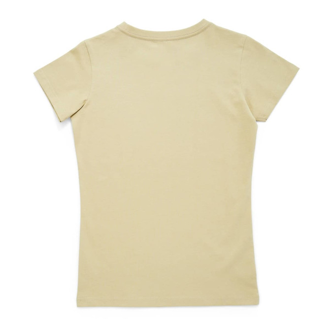 A light beige women's T-shirt with short sleeves, featuring a plain design on the back. It has a logo.