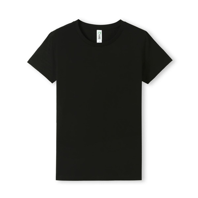 A plain black women's T-shirt featuring a crew neck and short sleeves, with a small label and branding.